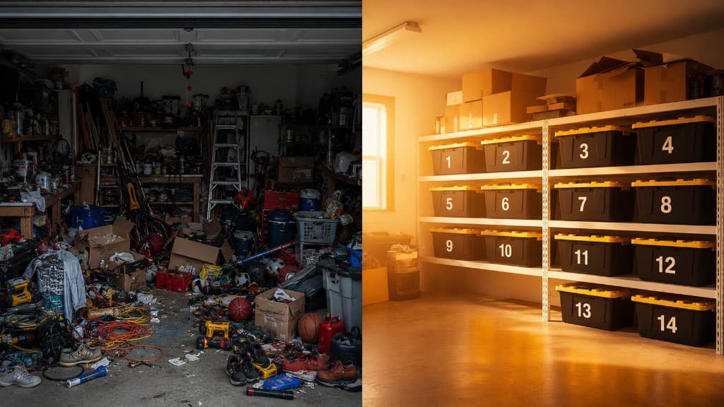 Before and after: cluttered garage storage versus organized Totely bins with numbered yellow-lid totes on shelves