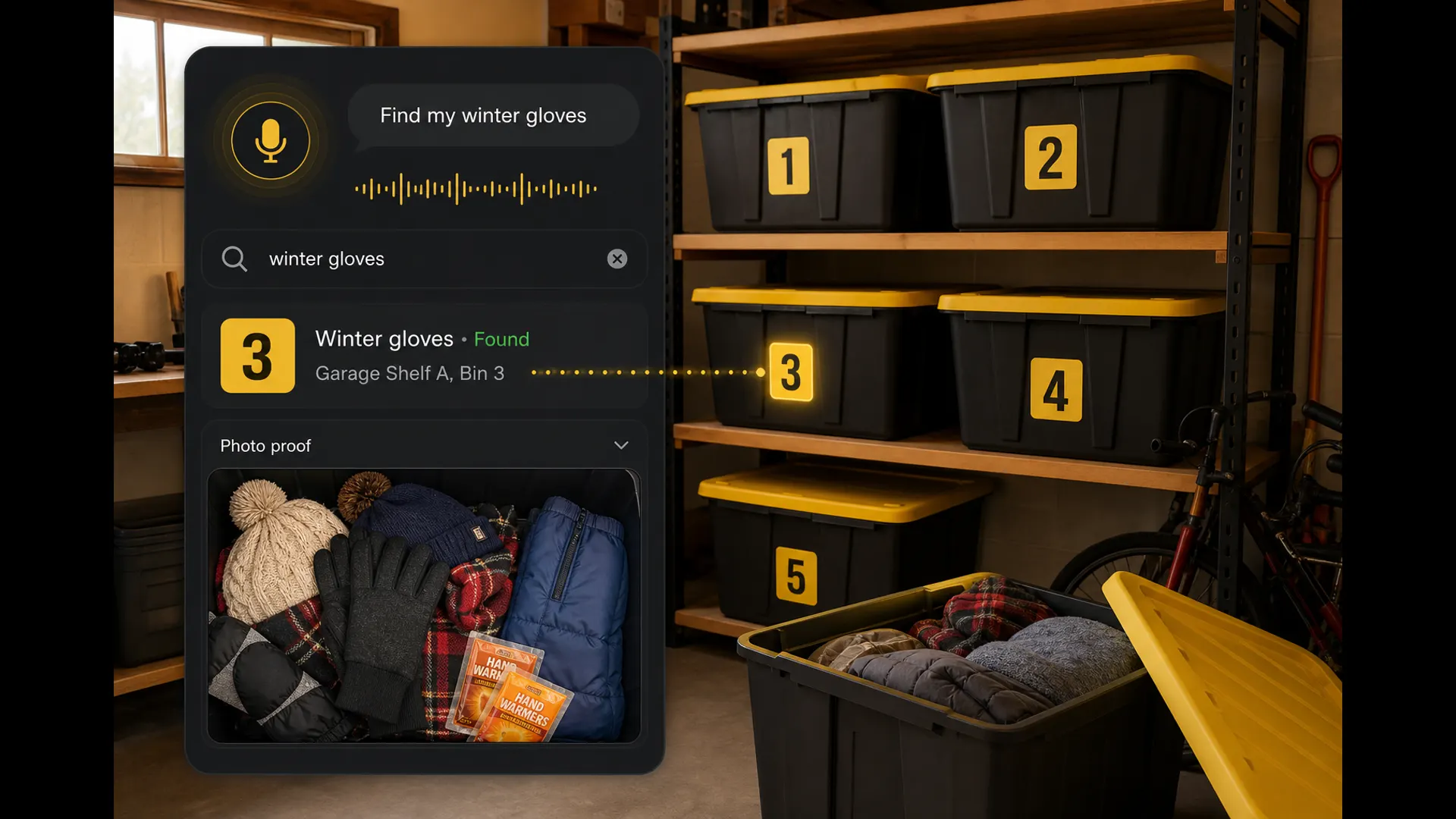 Numbered 27 gallon storage bins on a garage shelf with a Totely app result showing winter gloves found in Bin 3
