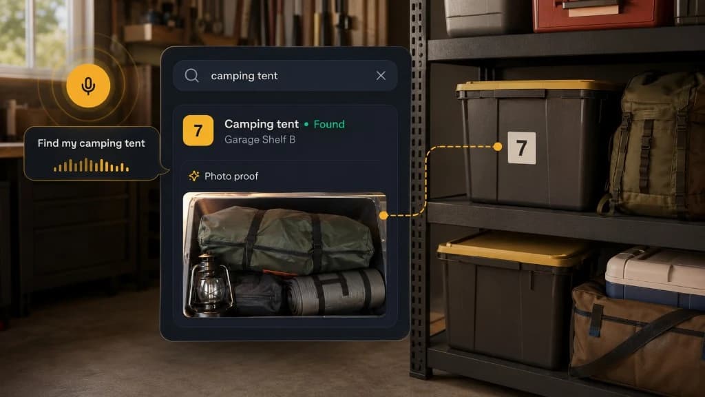 Garage shelf with numbered storage totes and searchable inventory overlay
