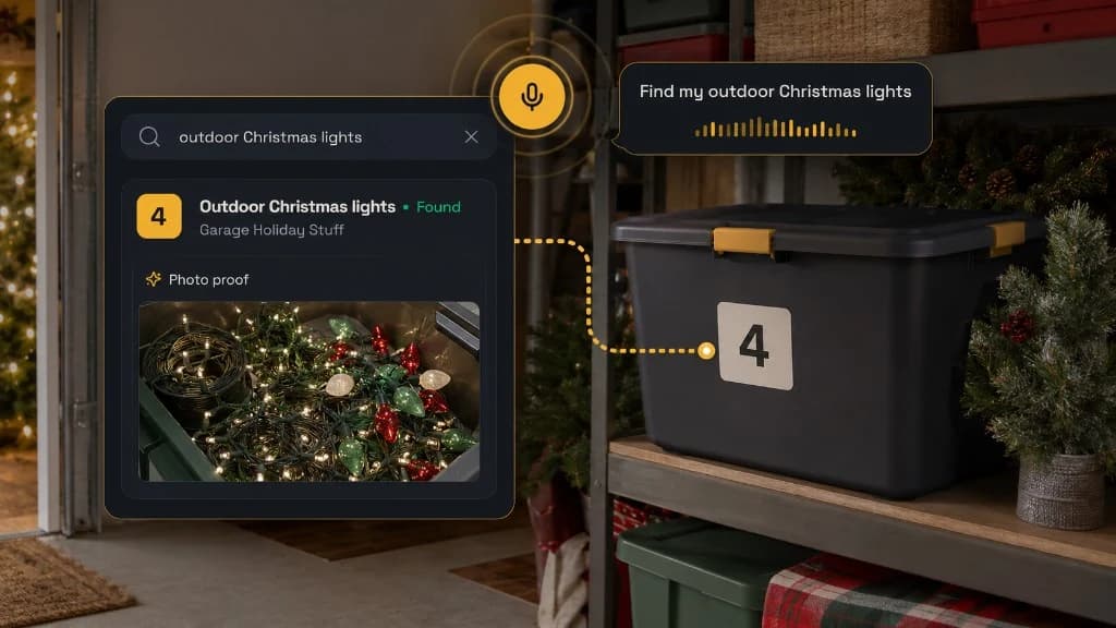 Numbered seasonal storage bin with photo proof and searchable app overlay