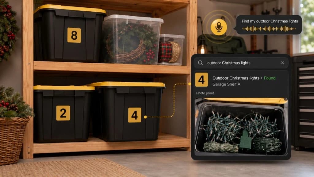 Totely search result for outdoor Christmas lights connected to numbered tote 4 with photo proof