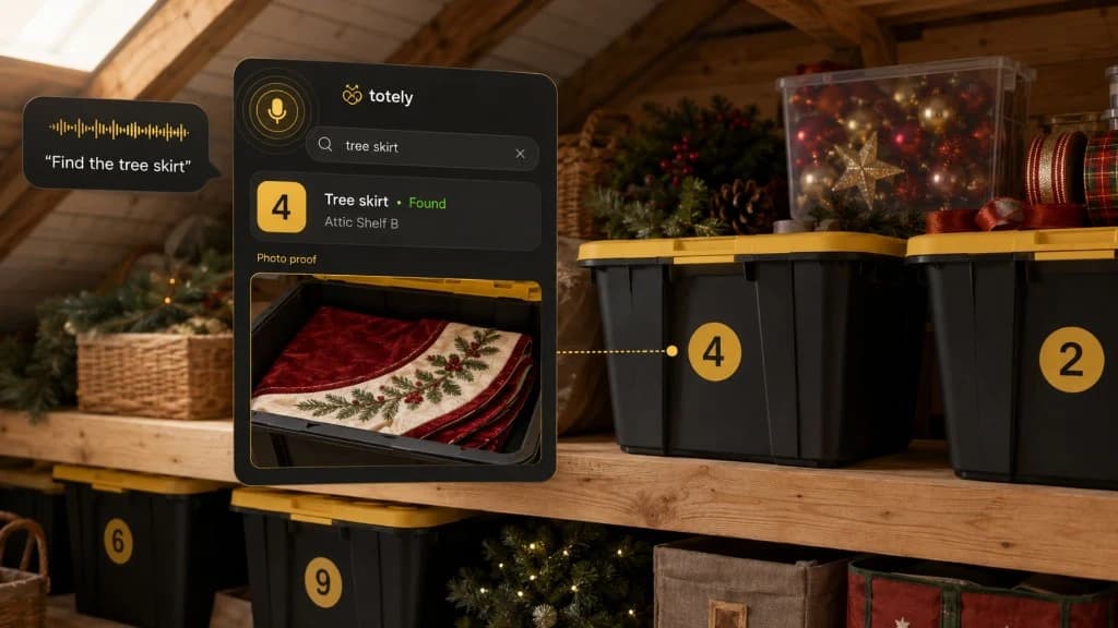 Totely search result for a tree skirt connected to numbered holiday storage tote 4 with photo proof