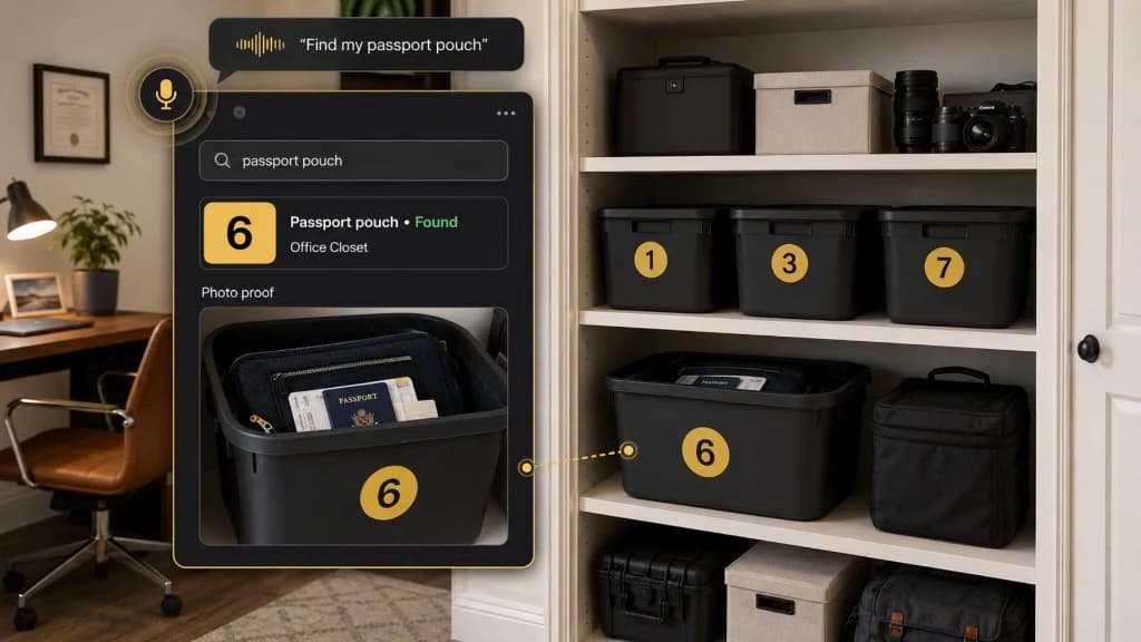 Totely search result for a passport pouch connected to numbered storage tote 6 with photo proof