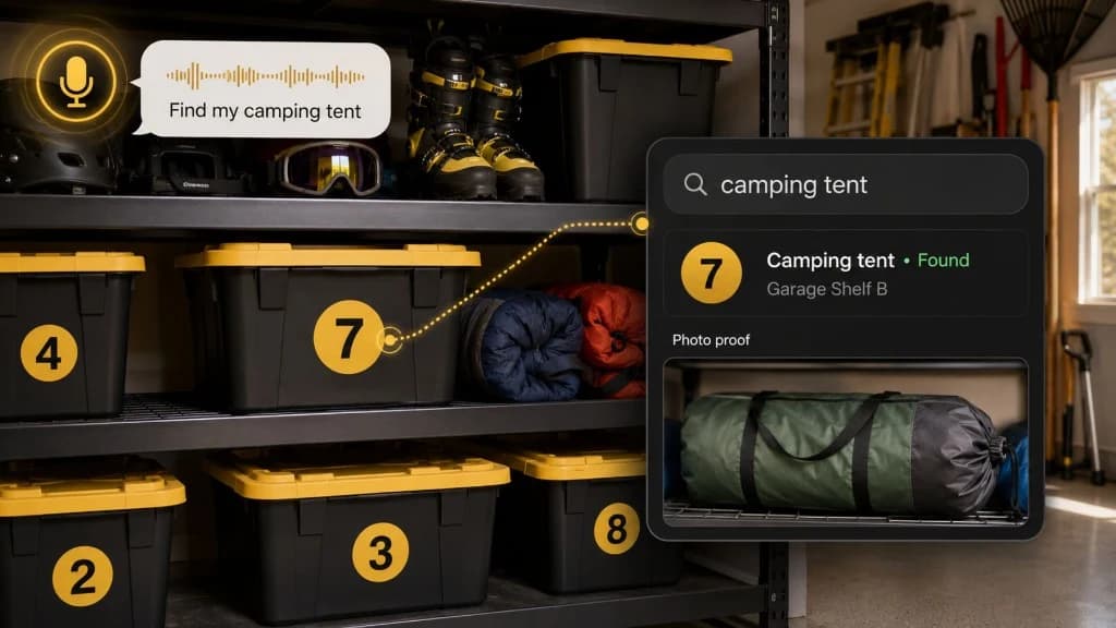 Totely search result for a flashlight connected to a numbered household storage tote with photo proof
