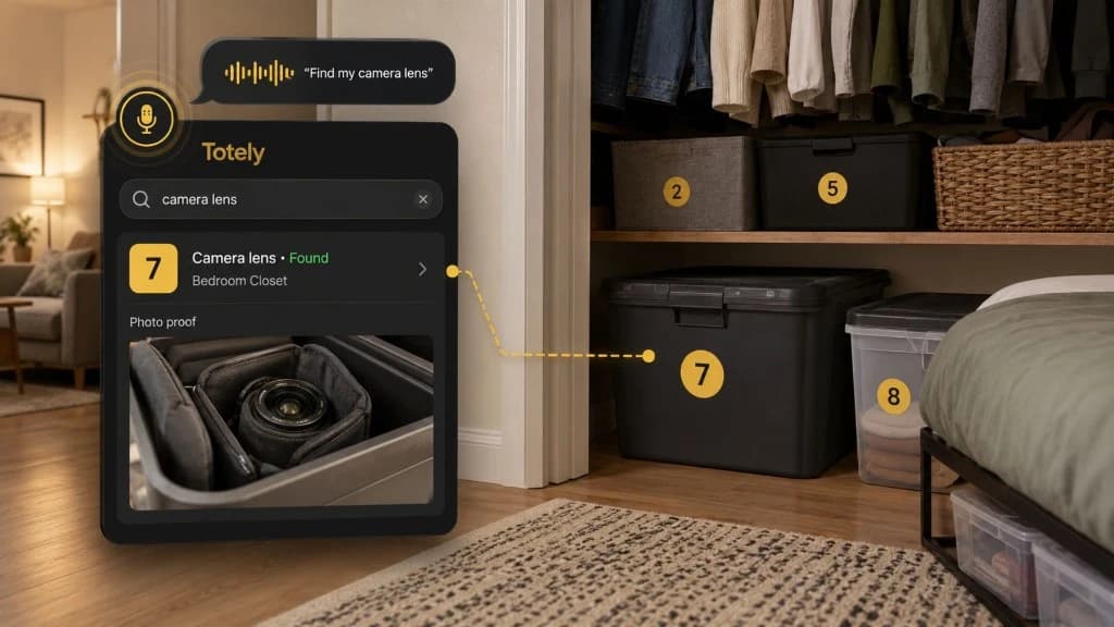 Totely search result for a camera lens connected to numbered storage bin 7 with photo proof