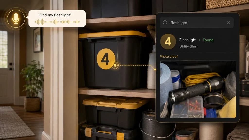 Totely search result for guest sheets connected to a numbered home storage tote with photo proof