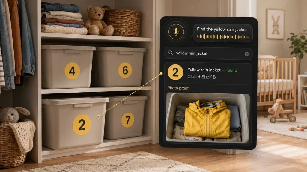 Totely search result for a yellow rain jacket connected to numbered tote 2 with photo proof