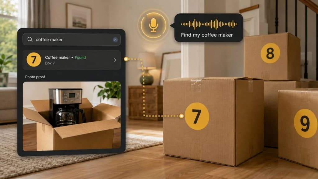 Numbered moving boxes labeled by room, priority, fragile notes, and key contents with a phone showing searchable box records