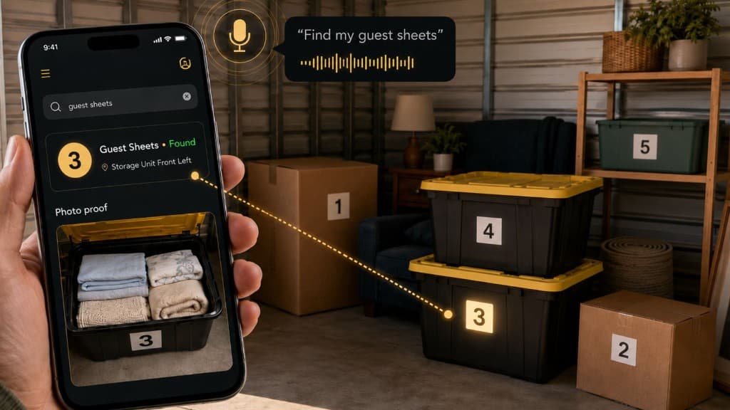 Numbered storage boxes and totes inside a storage unit with a phone showing searchable contents, saved locations, and photo proof