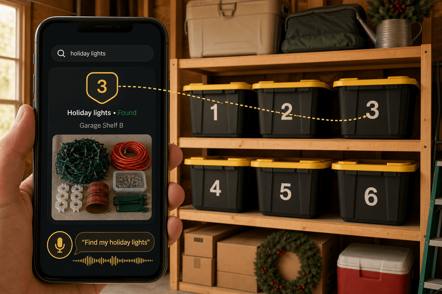Numbered storage bins with lids on garage shelves with a phone showing a searchable Totely result for holiday lights