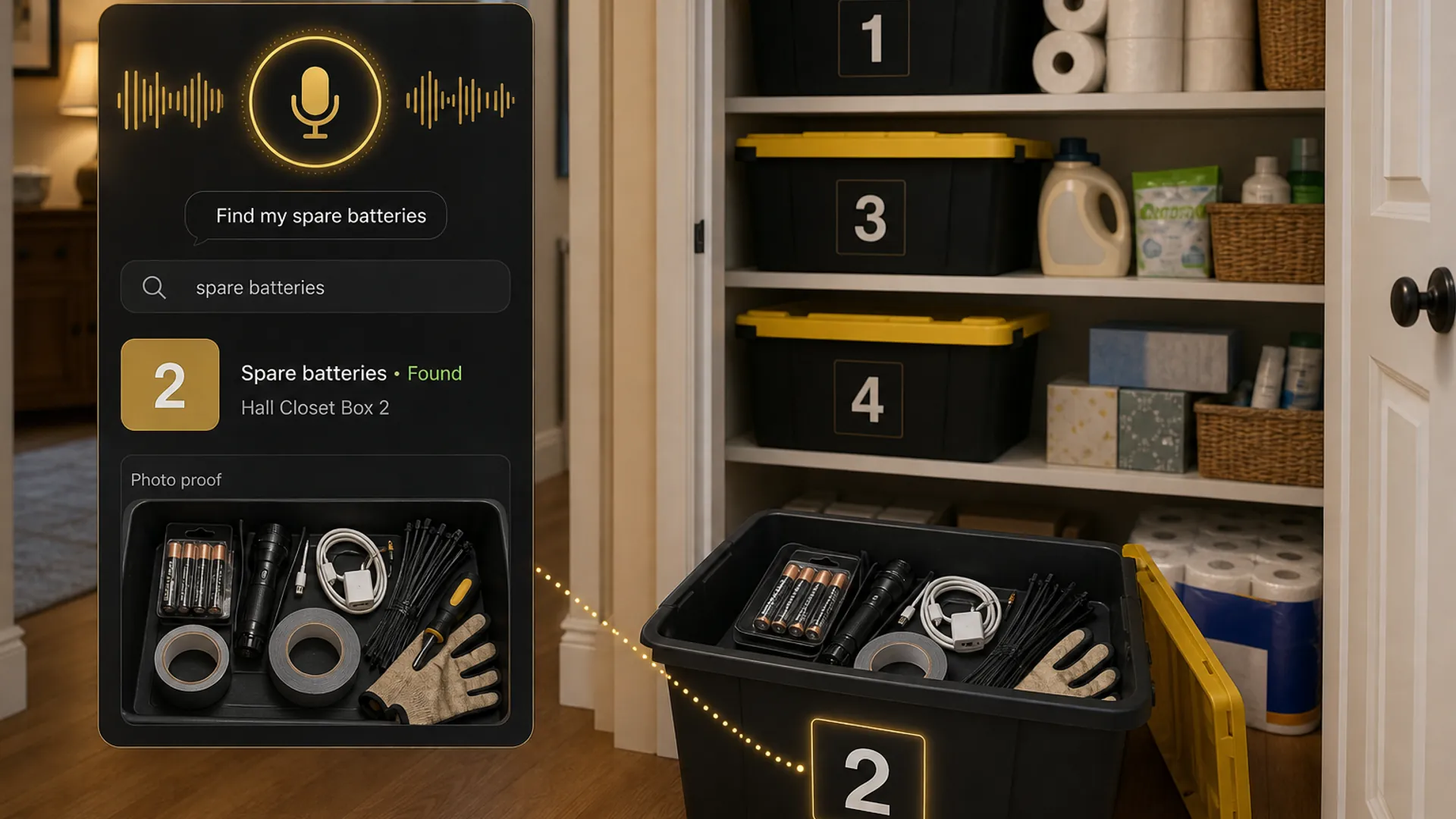 Numbered storage box and a Totely app result showing spare batteries found in Hall Closet Box 2