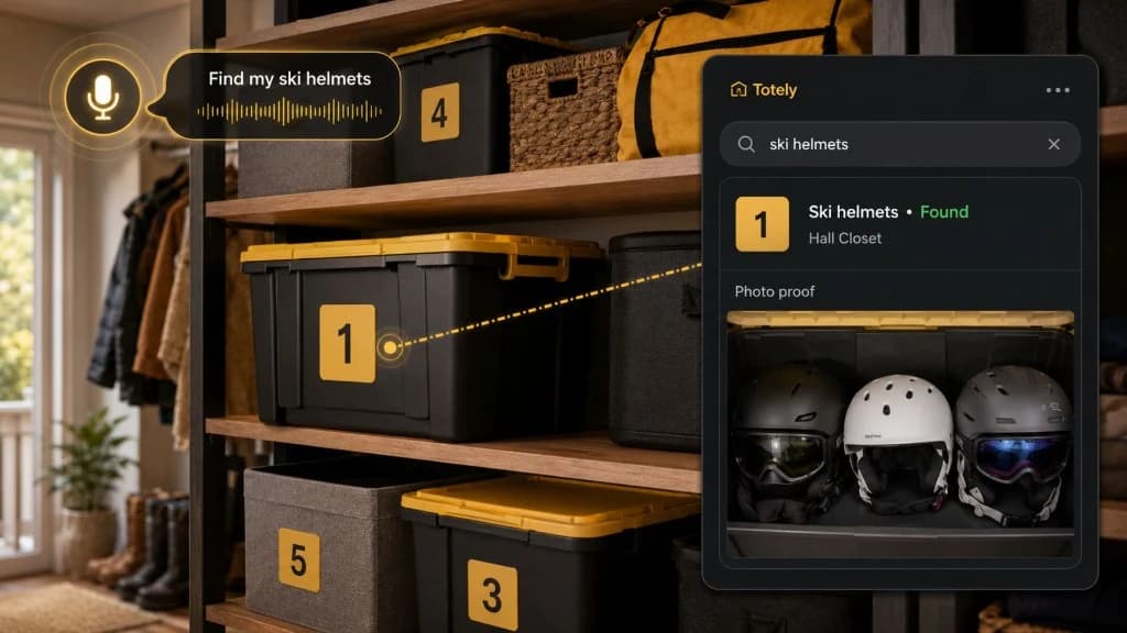 Totely home inventory app process showing a numbered container, photo capture, saved location, and search result for extension cord.