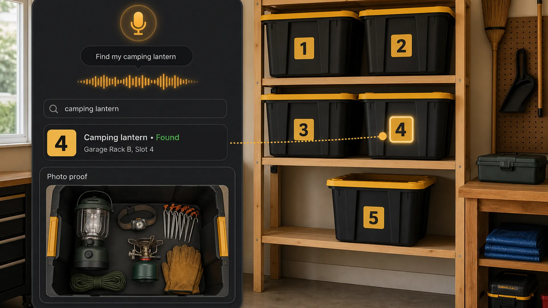 Garage tote rack with numbered storage totes and a Totely app result showing a camping lantern found on Garage Rack B