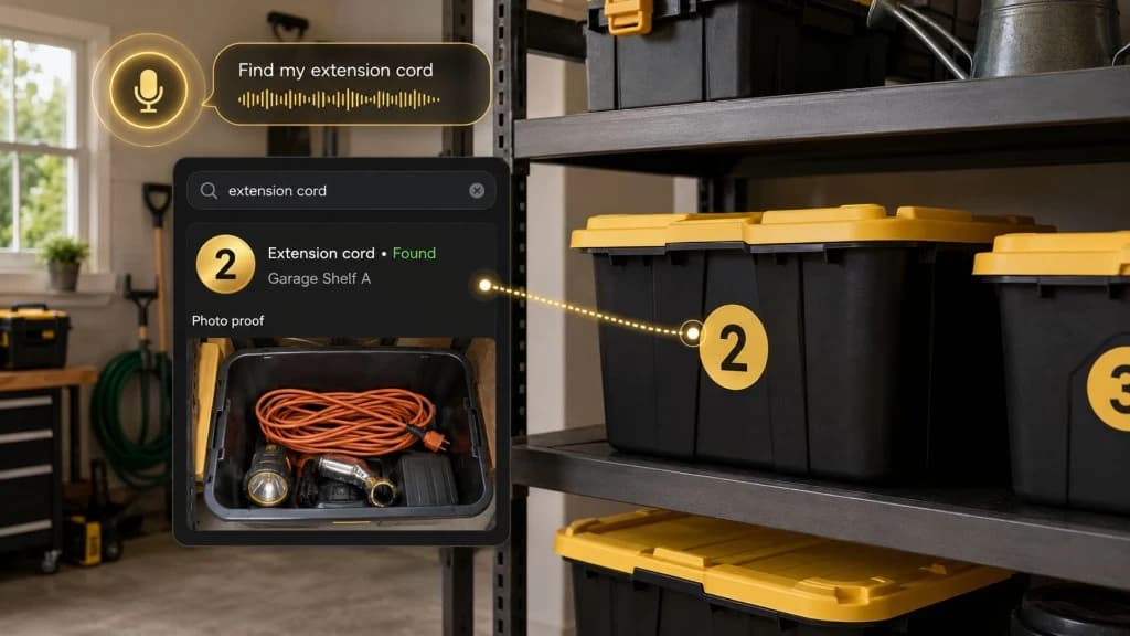 Numbered boxes and totes inside a storage unit with a phone showing searchable contents and saved storage locations