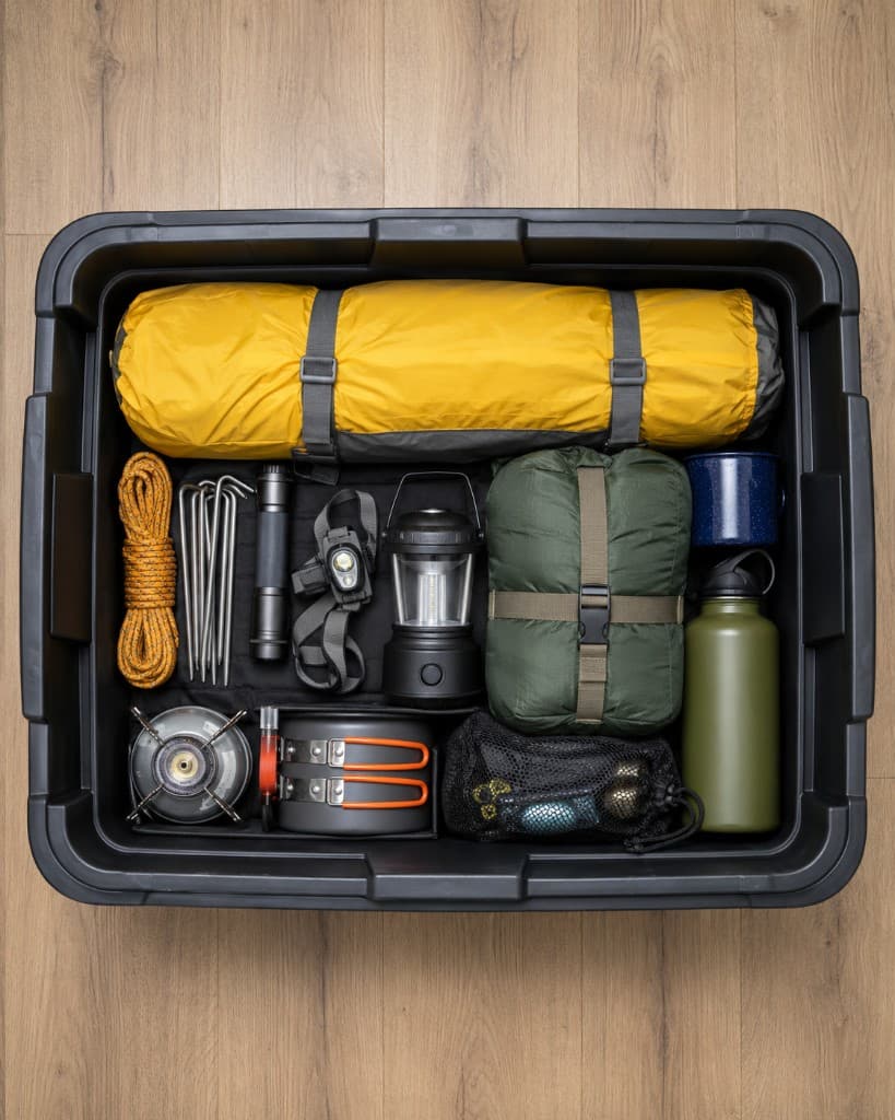 Open tote showing camping gear as photo proof