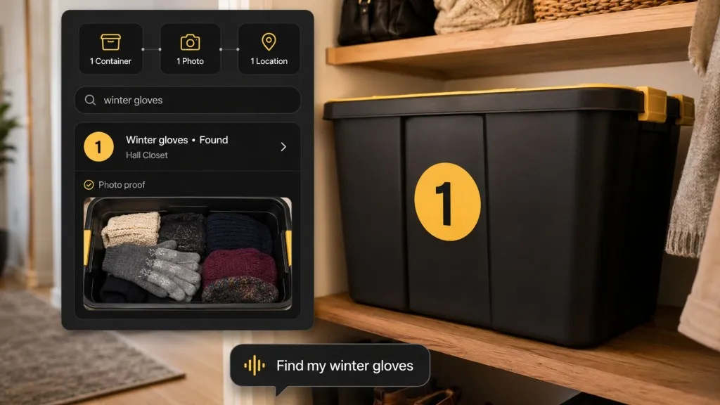 One numbered storage tote connected to a Totely app record with photo proof and a searchable winter gloves result