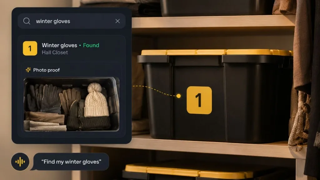 Numbered storage tote connected to a Totely searchable storage record with photo proof