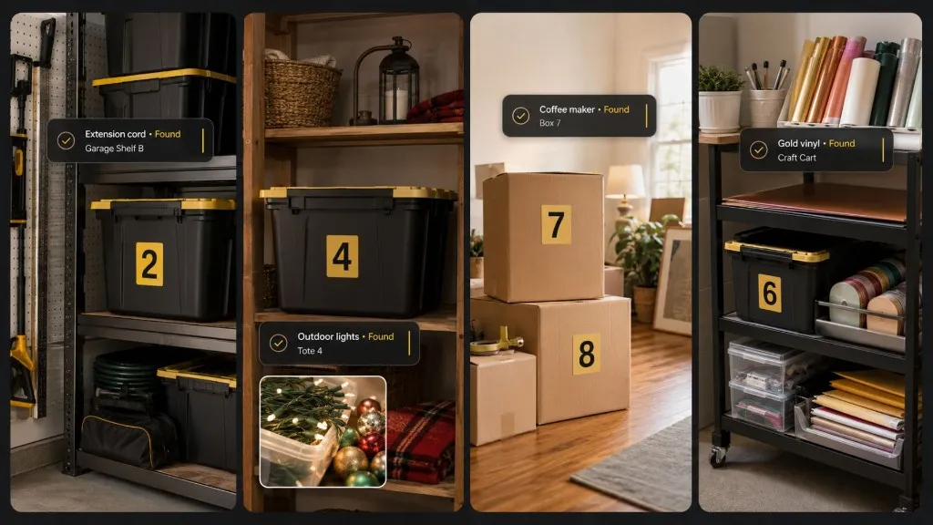 Four Totely storage scenarios showing numbered garage totes, holiday storage, moving boxes, and craft supplies with searchable app overlays