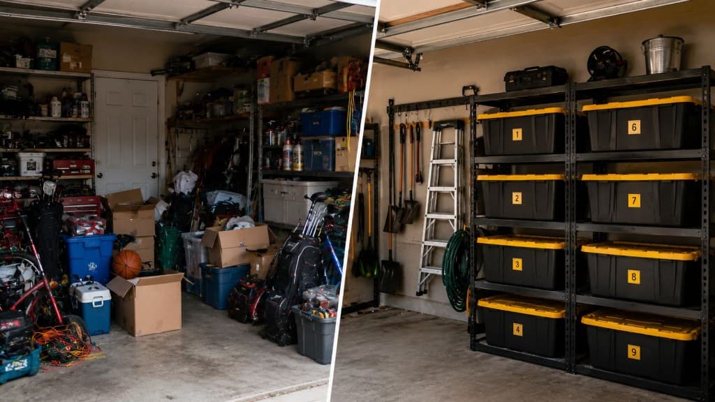Before and after garage storage: cluttered boxes and gear on the left, numbered yellow-lid totes on shelves on the right.