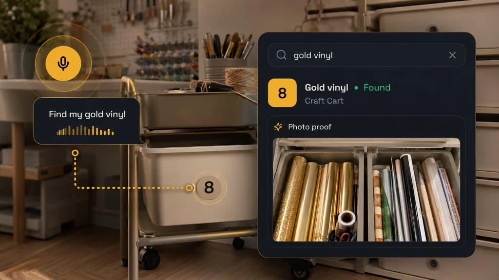 Craft supply bin with searchable result for gold vinyl