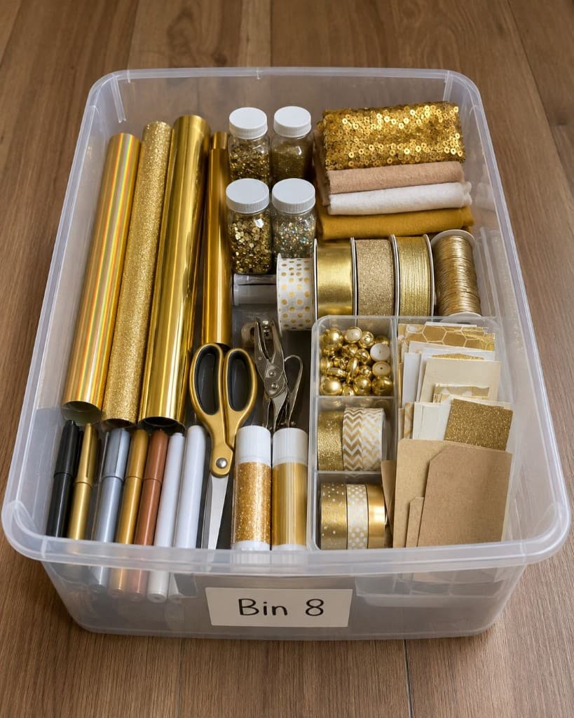 Gold vinyl stored in a craft supply bin shown as photo proof