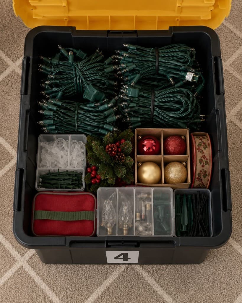 Stored outdoor Christmas lights shown as photo proof for holiday decoration storage