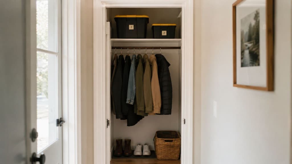 Organized home closet with numbered black and yellow storage totes on the top shelf above hanging clothes