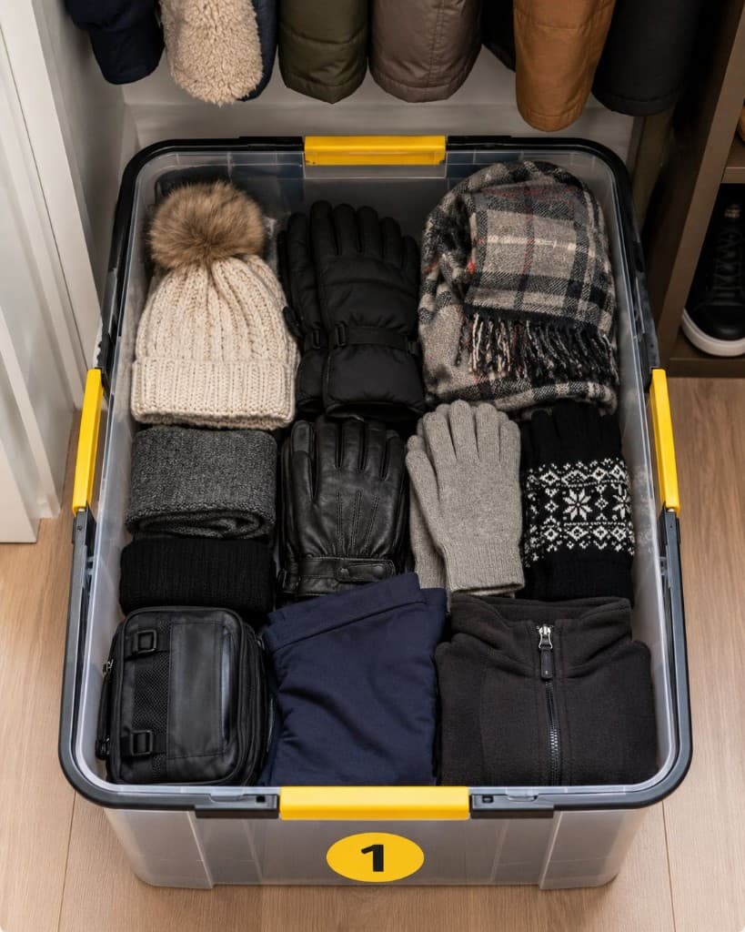 Open tote numbered 1 showing winter gloves, beanie, scarf, and cold-weather accessories stored inside