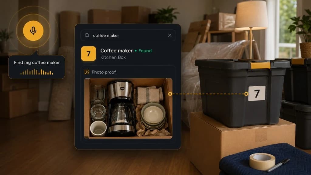 Numbered moving boxes with searchable result for coffee maker