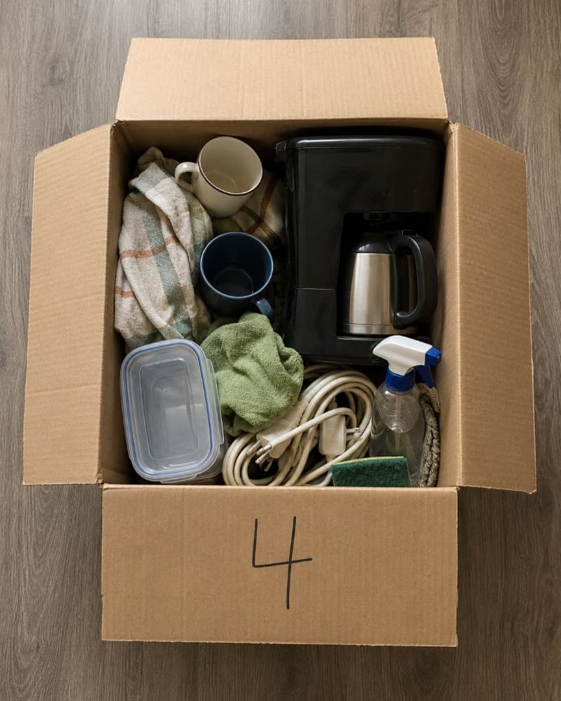 Coffee maker packed in a moving box shown as photo proof