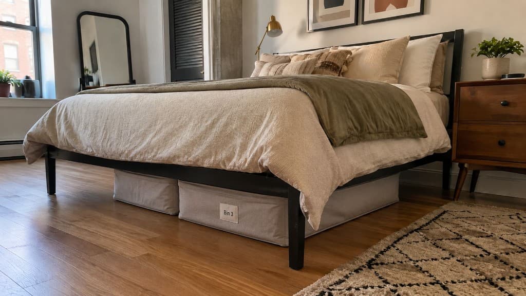 Renter-friendly bedroom storage with under-bed bins and small-space organization