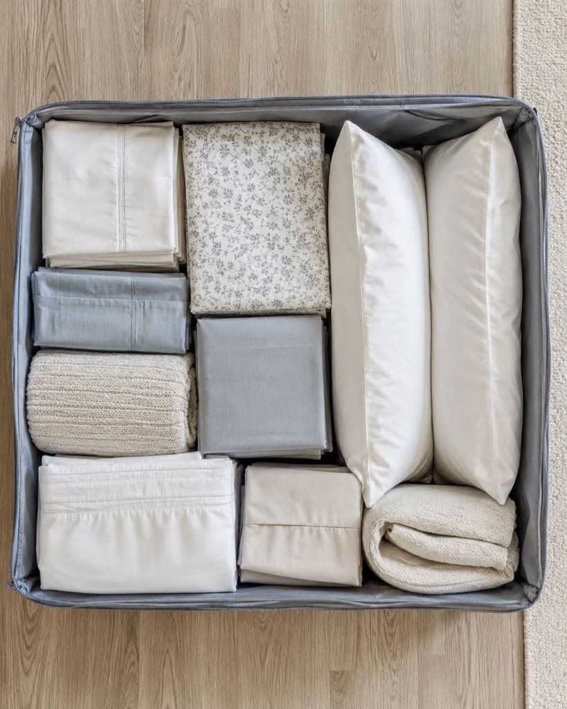 Guest sheets stored in an under-bed bin shown as photo proof