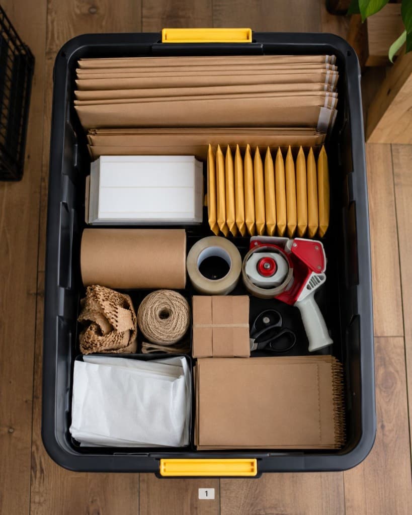 Large kraft mailers stored in a shipping supplies bin shown as photo proof