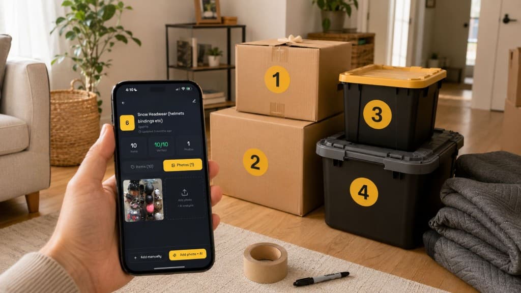 Numbered moving boxes with a phone showing a searchable moving inventory