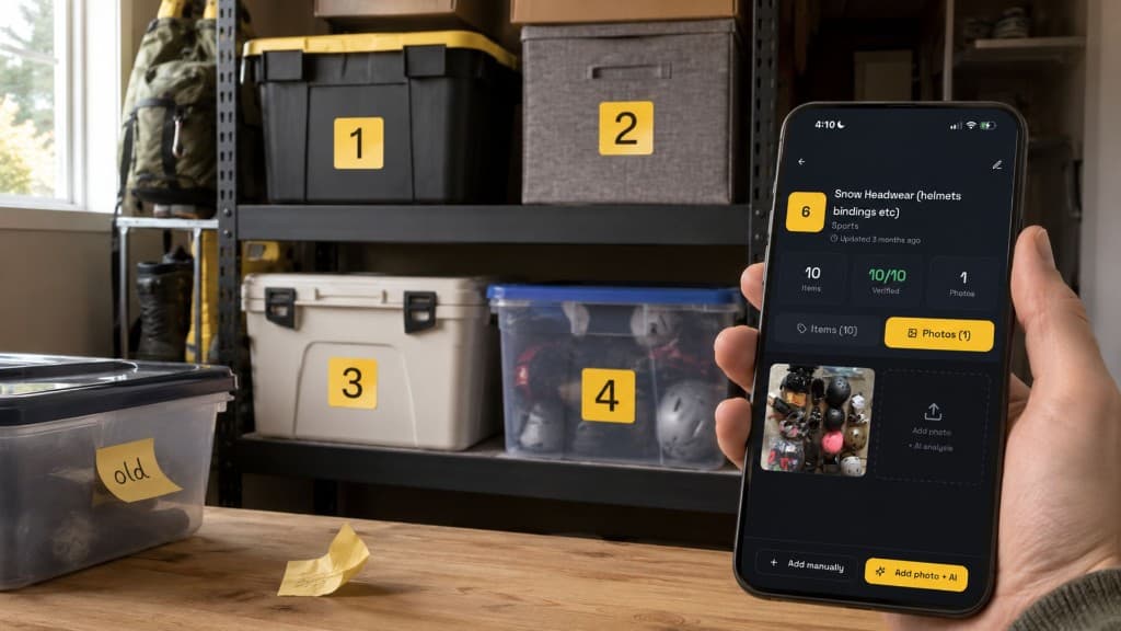 Numbered labels on storage totes with a phone showing a searchable inventory