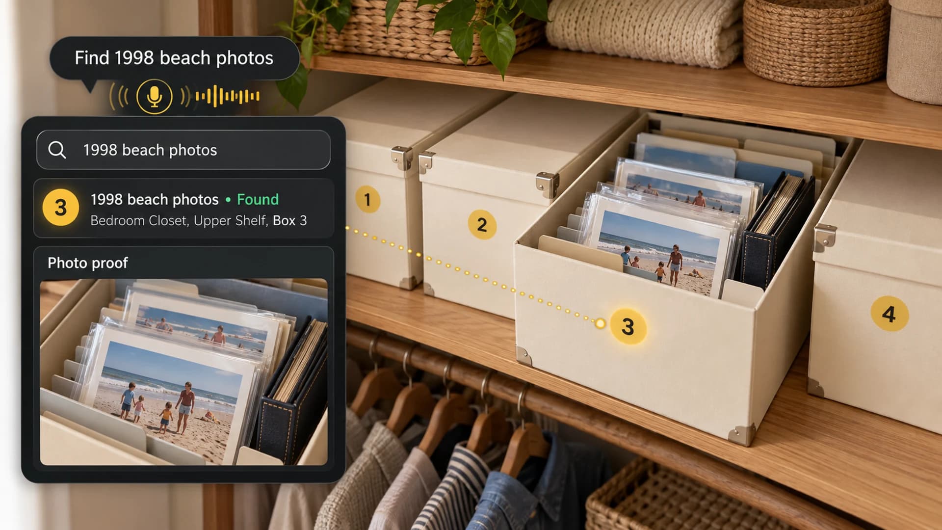 Numbered photo storage boxes on a bedroom closet shelf, with Totely finding 1998 beach photos in Box 3 and showing photo proof.