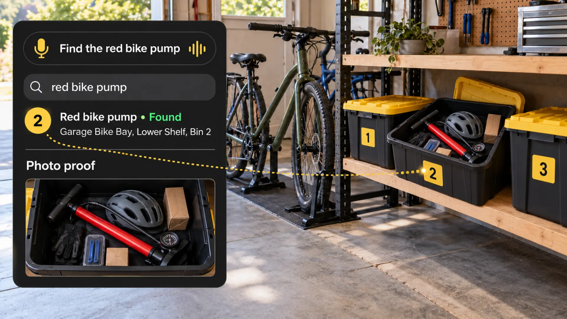 Garage bike bay with two bicycles, three numbered gear bins, and a red floor bike pump in open Bin 2 with a matching search result.