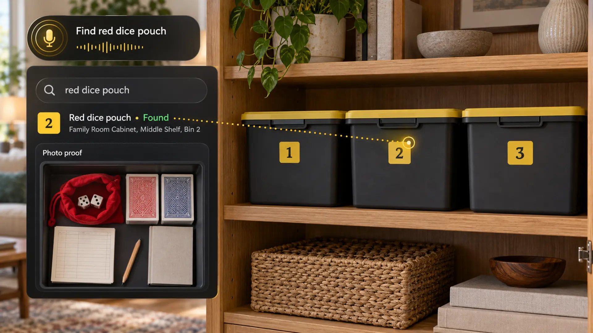 Three closed numbered bins on a family-room cabinet shelf, with a search result and photo proof of a red dice pouch and game-night accessories in Bin 2.