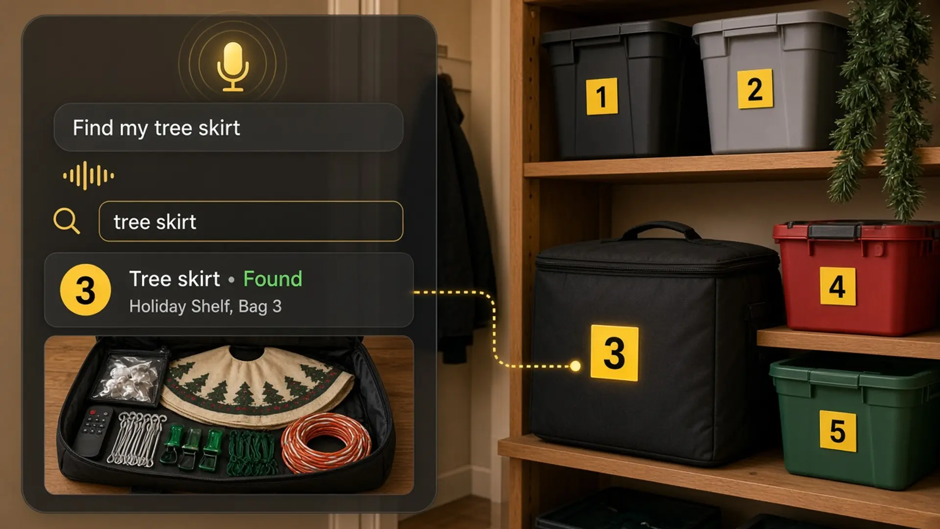 Christmas tree storage bag and numbered holiday bins with a Totely app result showing the tree skirt found in Bag 3