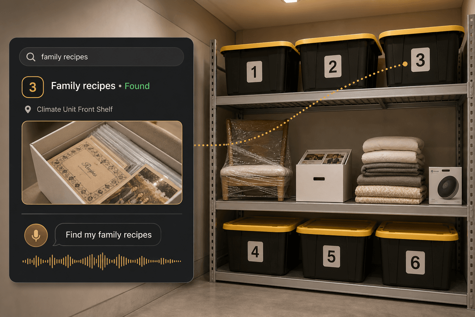 Climate-controlled storage unit with numbered boxes, furniture, photo boxes, textiles, and a phone showing searchable contents and saved locations