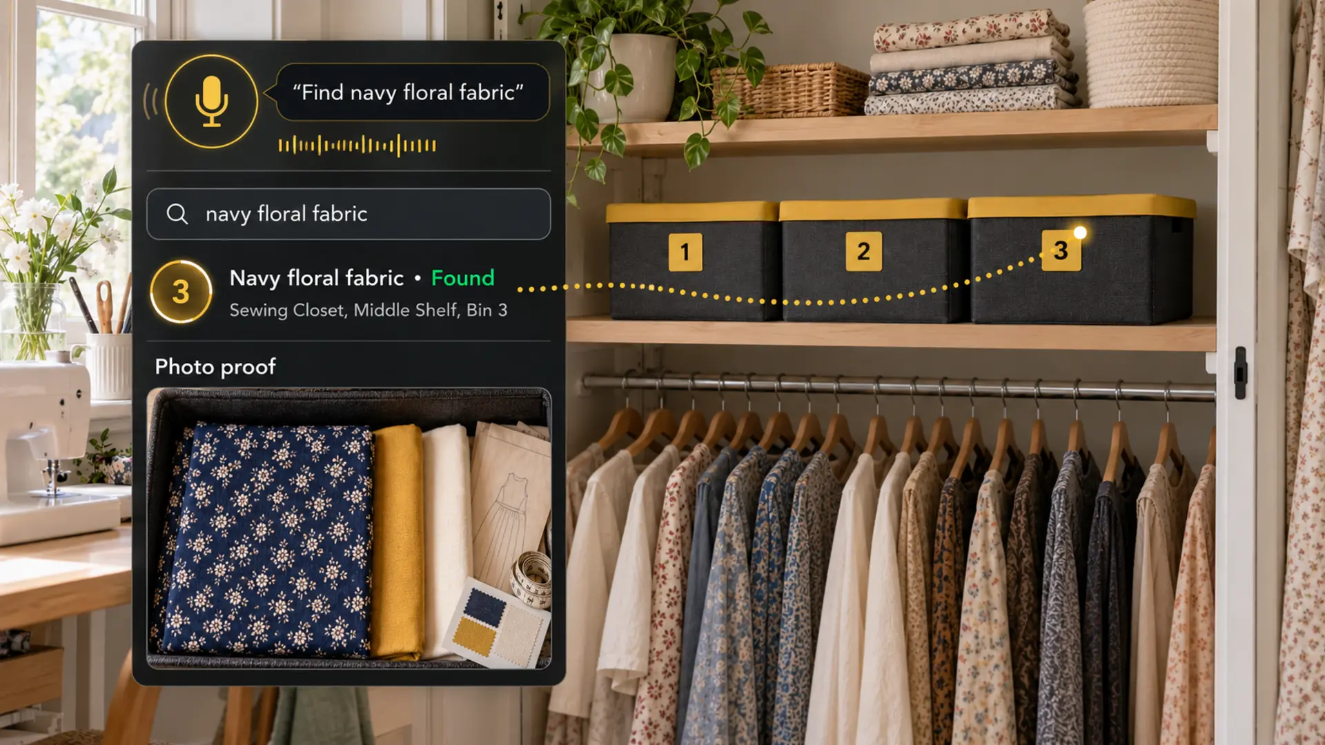 Three closed numbered bins on a sewing closet shelf, with a matching search result and photo proof of navy floral fabric and sewing companions in Bin 3.