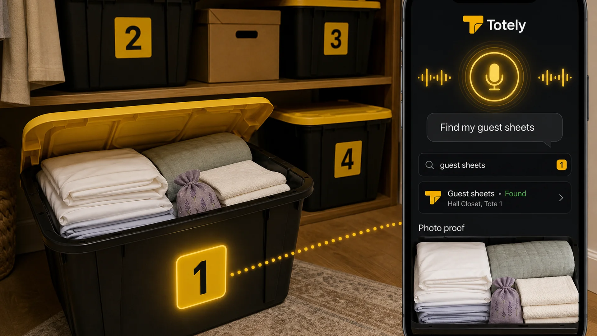 Numbered storage totes in a hall closet with a Totely app result showing guest sheets found in Tote 1