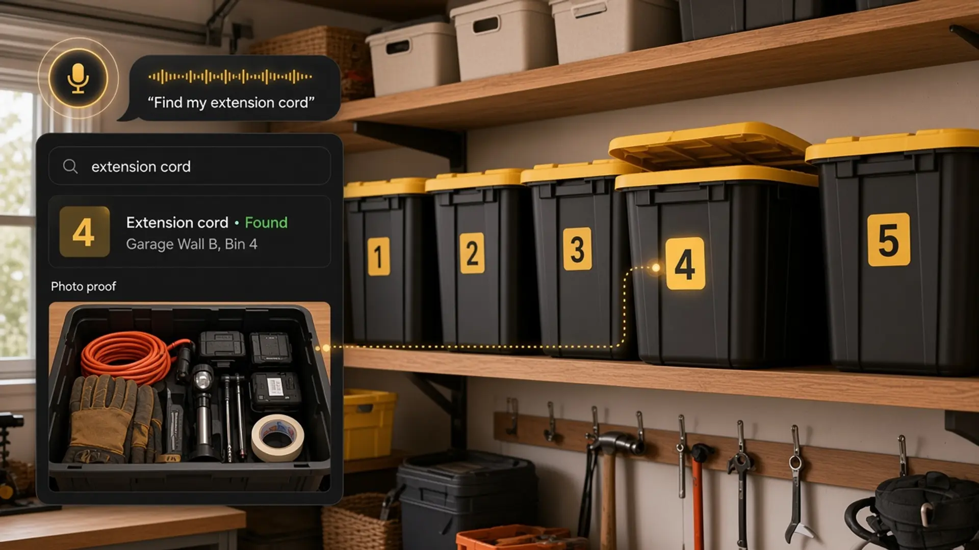 Organized garage storage wall with numbered bins and a Totely app result showing an extension cord found in Bin 4
