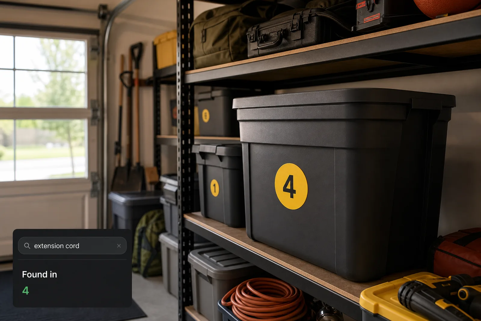 Organized garage with numbered totes, wall tools, and labeled seasonal storage bins