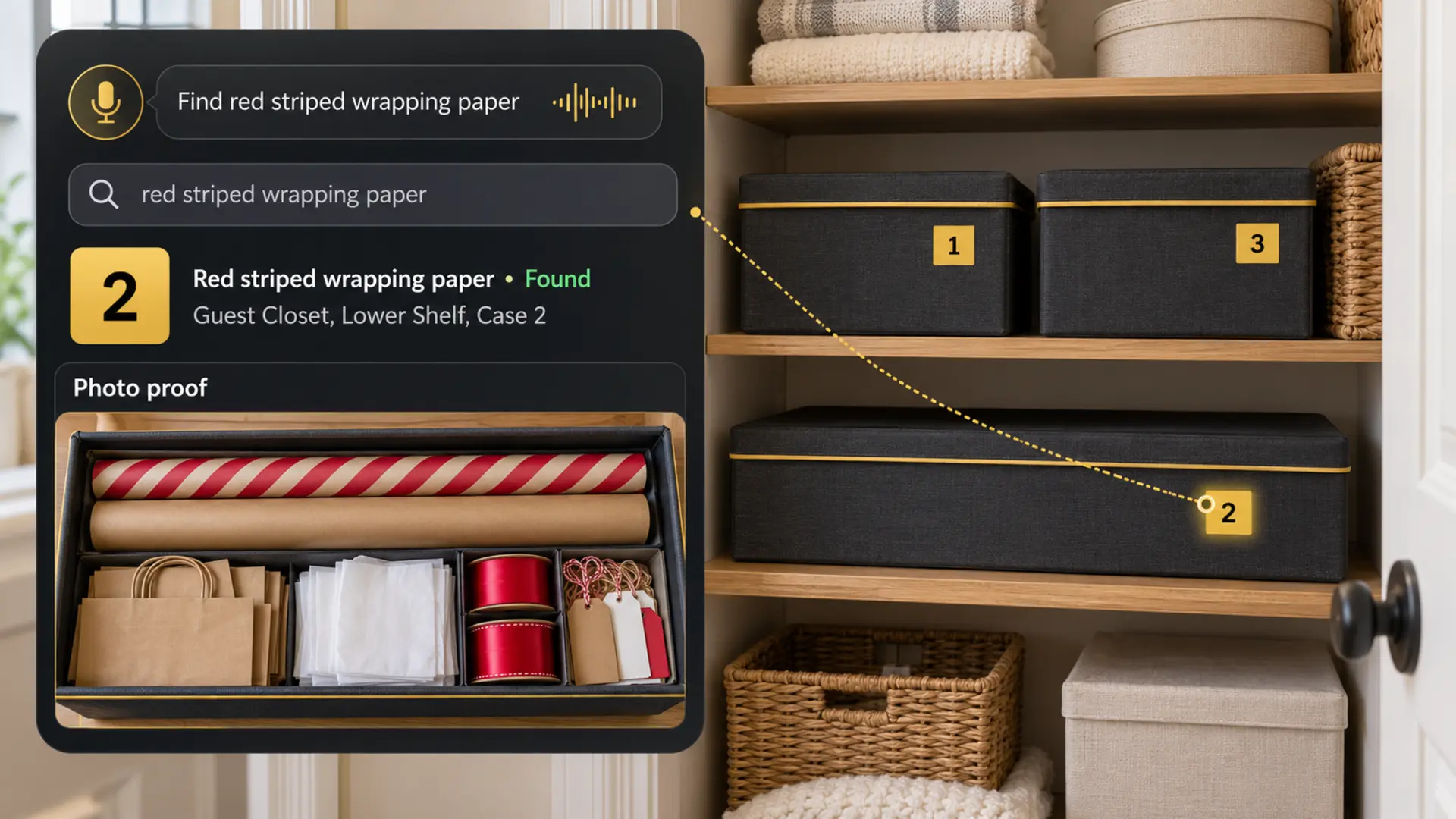 Three closed numbered cases in a guest closet, with a search result and photo proof of red striped wrapping paper, kraft paper, gift bags, tissue, ribbon and tags in Case 2.