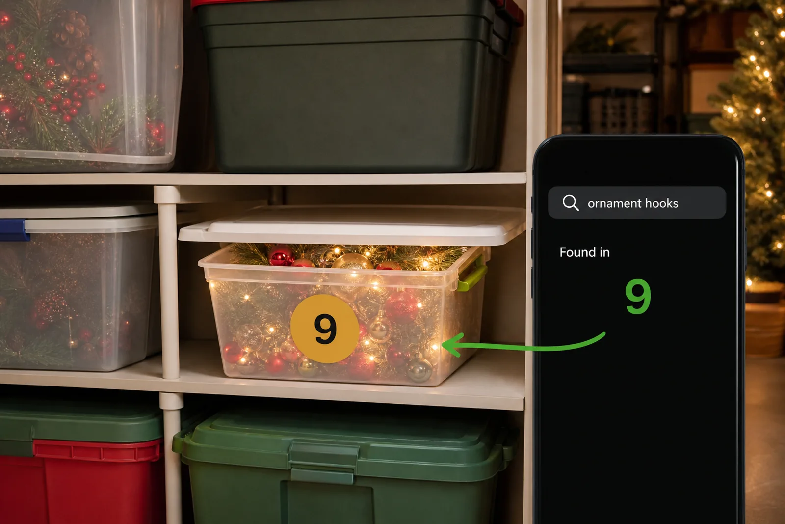 Numbered holiday decoration storage totes with ornaments, lights, and labeled seasonal bins