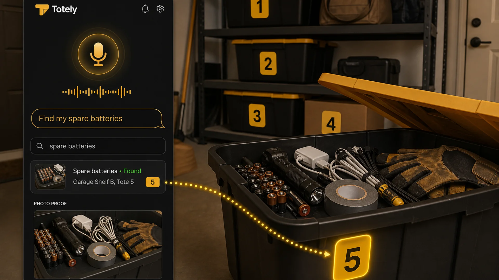 Numbered storage totes in a garage with a Totely app result showing spare batteries found in Tote 5
