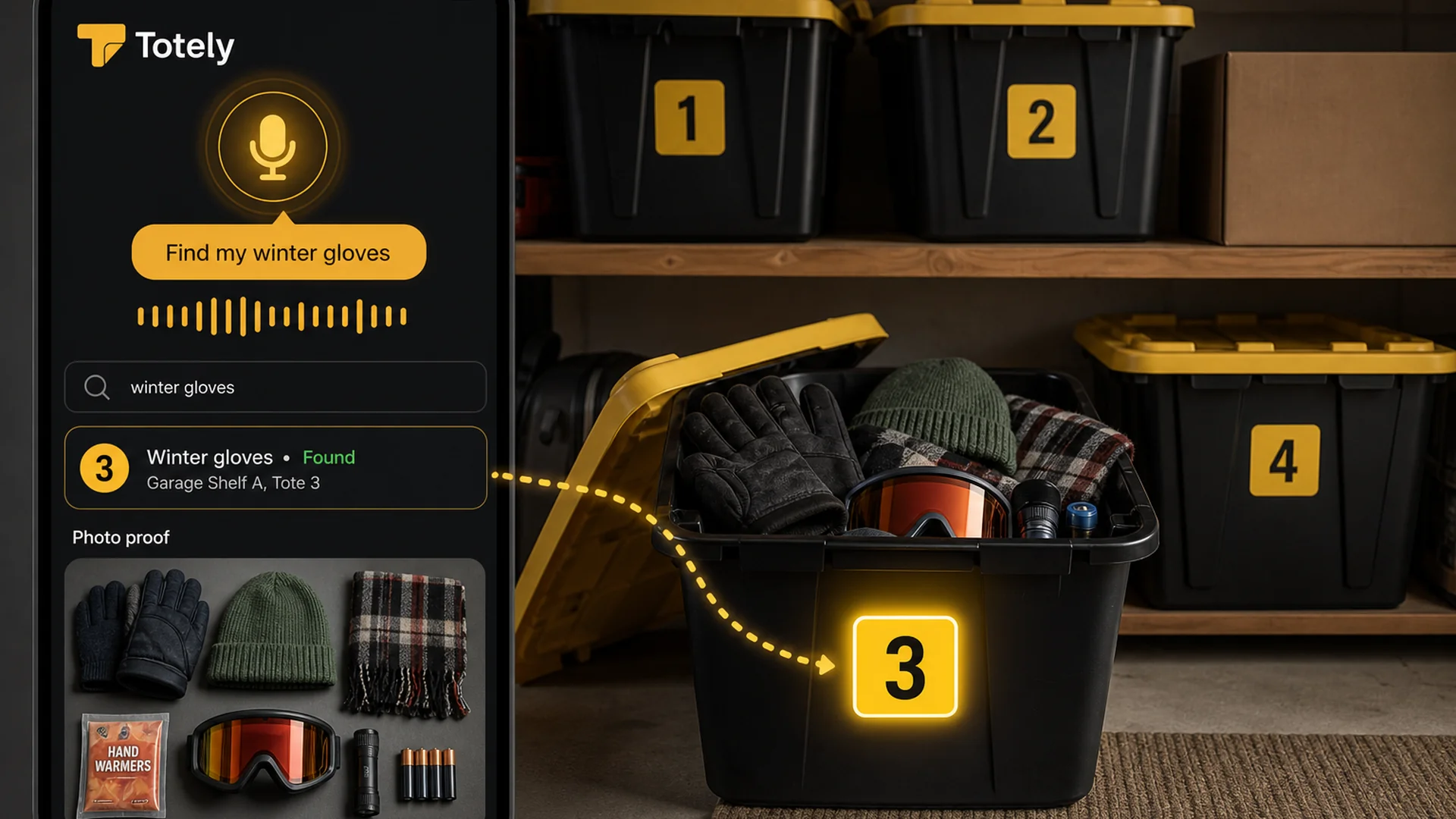 Numbered storage totes in a garage with a Totely app result showing winter gloves found in Tote 3