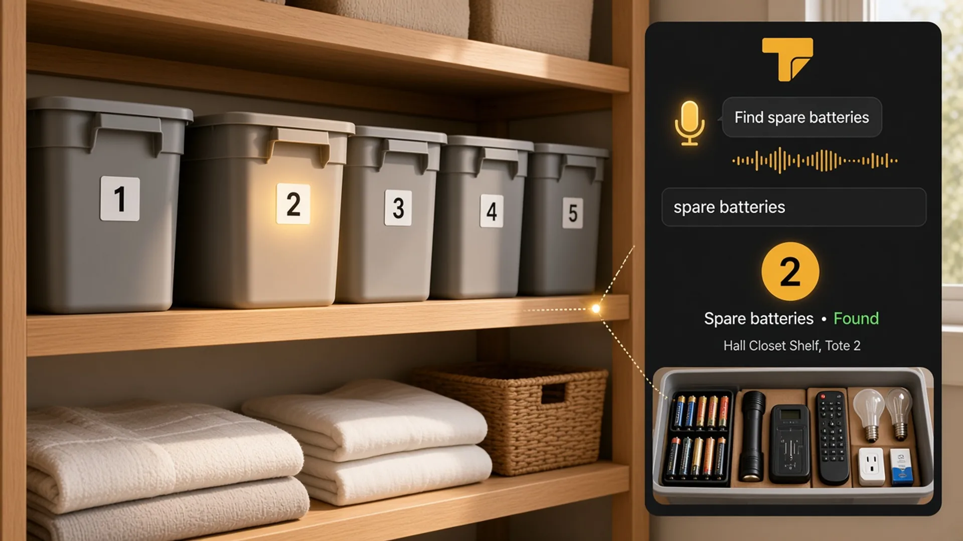 Home storage shelf with numbered totes and a Totely app result showing spare batteries found in Tote 2