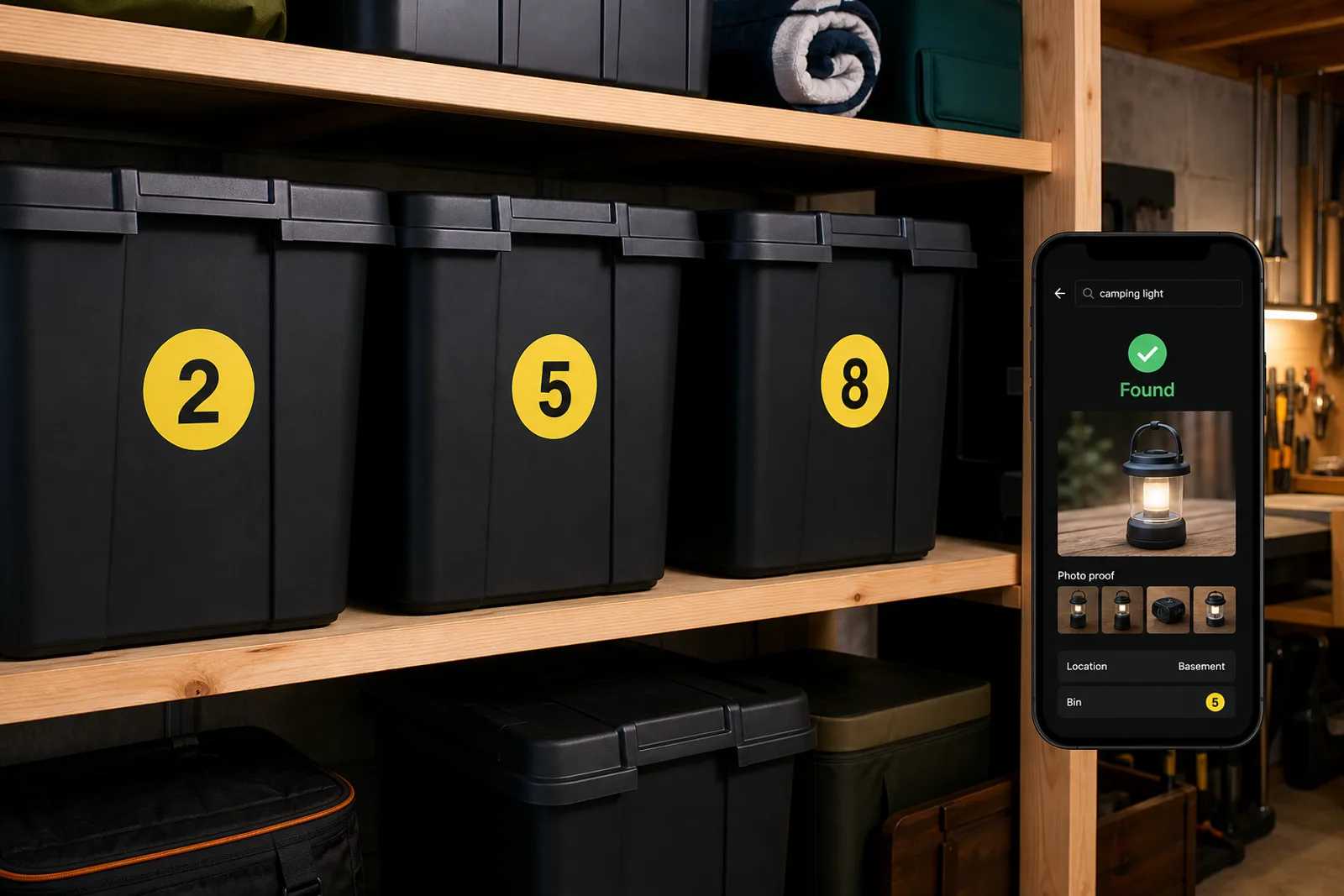 Stacked numbered storage totes with clear labels for organized home inventory